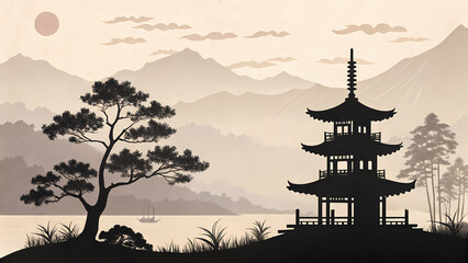 Japanese pagoda in scenic landscape looks peaceful with gentle sunshine, creating serene atmosphere
