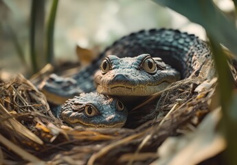 Close-up View of Two Frogs Nestled Together in Natural Habitat Surrounded by Greenery and Twigs in a Serene Forest Setting