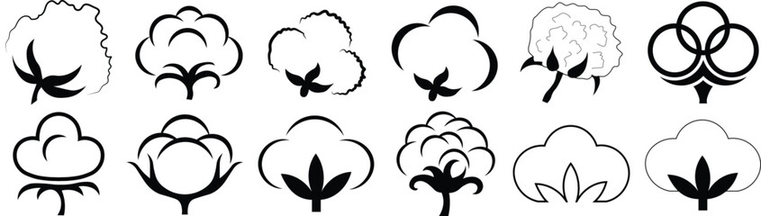 Fototapeta premium Vector Flat Cotton Icon Set. Minimalist cotton plant symbols in modern style. Soft organic fiber illustrations for textile, fabric, eco-friendly fashion, agriculture, and natural products.