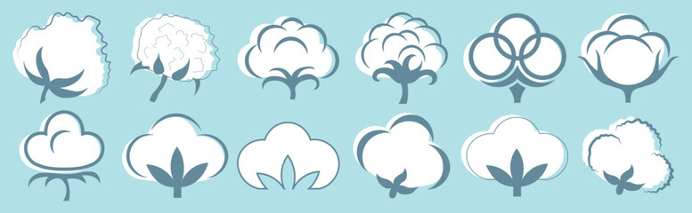 Vector Flat Cotton Icon Set. Minimalist cotton plant symbols in modern style. Soft organic fiber illustrations for textile, fabric, eco-friendly fashion, agriculture, and natural products.

