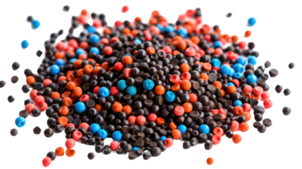 Colorful plastic pellets exploding on transparent background