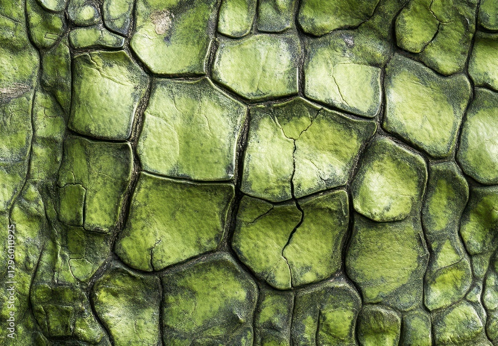 Poster close-up view of unique green textured surface with cracks and irregular patterns capturing nature's