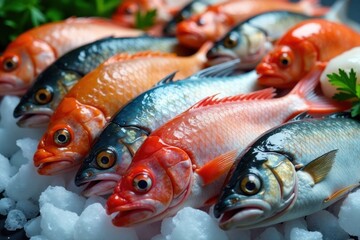 School of colorful fish with assorted seafood on ice, fish sea food seafood markets, sea food display, frozen seafood products