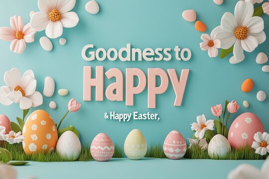  Charming cartoon-style background featuring Easter eggs and flowers in soft pastel blue, adorned with the text "Goodness you & Happy" in elegant white letters. 