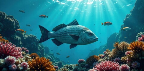 Fototapeta premium School of fish swimming in ocean, with large flat fish in the center, surrounded by seaweed and coral , sea creatures, marine life, school