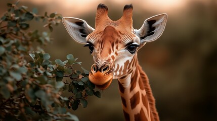 Obraz premium Giraffe headshot eating leaves in the wild, close-up animal wildlife shot.