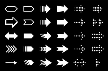 Big set of arrows, cursors, pointers. Collection of different arrows, different shapes. Arrow Symbols for Web Design. White pointers on black background