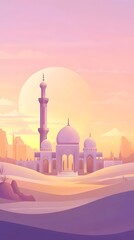 A beautiful mosque building is set in a desert landscape