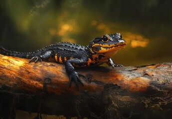 Fototapeta premium Colorful Amphibian Resting on a Branch in a Forest Environment Under Soft Ambient Light with Blurred Background