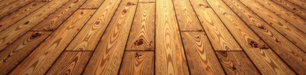 Naklejka premium Seamless Paw Print Pattern on Brown Wooden Floor, wood grain, animal footprints, seamless texture