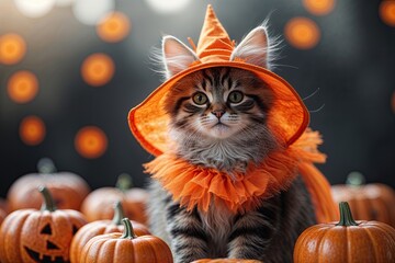 Sassy Kitten Dressed for a Playful Halloween in Fiery Orange Hues