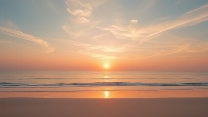 Obraz premium Dreamy Sunset Beach – A Serene Ocean View with Soft Pastel Hues of Pink, Orange, and Blue, Gentle Waves on a Smooth Sandy Shore, and a Breathtaking Golden Sun Reflecting Over the Calm Water