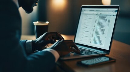 Professional Man Working on Laptop at a Cafe with Coffee
