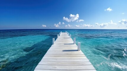 Fototapeta premium Serene ocean view from wooden dock tropical paradise scenic photography calm waters wide angle perspective tranquility and escape