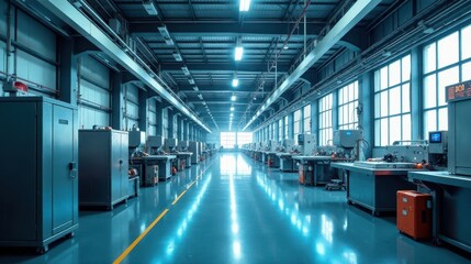 Vast Industrial Facility Interior Rows of Modern Machinery and Clean, Polished Floors Reflecting Abundant Light