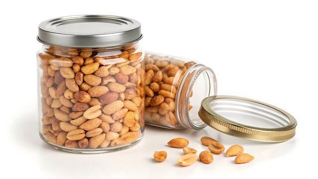Jar of Roasted & Salted Shelled Peanuts on White Background &ndash; Crunchy & Savory Snack