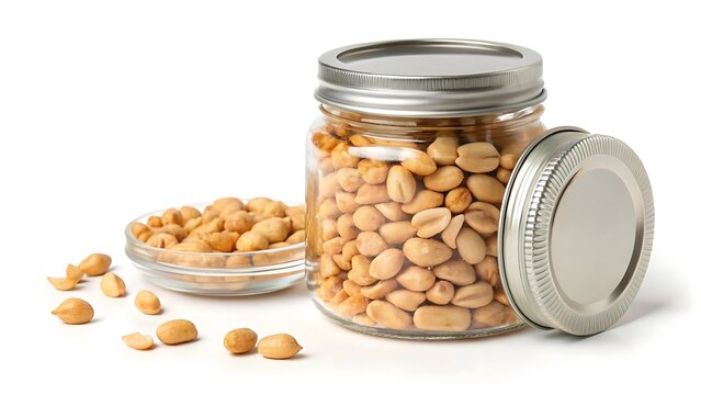 Jar of Roasted & Salted Shelled Peanuts on White Background &ndash; Crunchy & Savory Snack