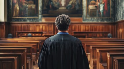 Naklejka premium A man wears a judge's black robe with a wide collar and a long blue border, standing sideways in the court, with the court in the background