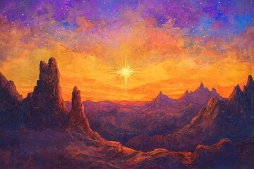 golden star blazing over jagged rocks, fiery orange sunset, soft violet shadows, rugged terrain, symbolizing triumph and hope in a vast wilderness.
