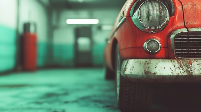 An aged red car is parked inside a garage, showcasing rust and wear against a teal wall, evoking a sense of nostalgia and vintage charm.