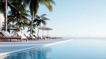Relaxing poolside retreat tropical beach resort scenic photography serene atmosphere wide angle view vacation bliss