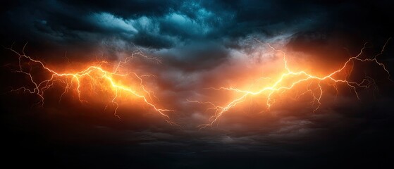 Dramatic storm clouds illuminated by bright orange lightning, creating a striking contrast against the dark sky.
