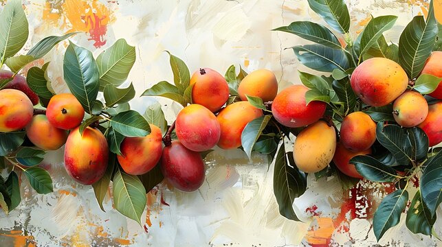 A dynamic composition of mangoes and leaves seemingly floating in mid air against a bright white backdrop