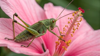 Nature's tiny Dancer: A vibrant green grasshopper perched delicately on the petal of a large, pink flower, showcasing intricate details of nature's design, hinting at life and harmony.
