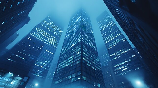 Misty Urban Skyscrapers at Night with Illuminated Windows under a Dark Blue Sky - Powered by Adobe