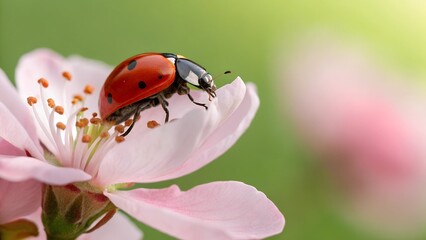 Fototapeta premium Ladybug on Flower: A striking close-up of a ladybug perched delicately on a soft pink blossom, its vibrant red and black shell contrasting beautifully with the petals.