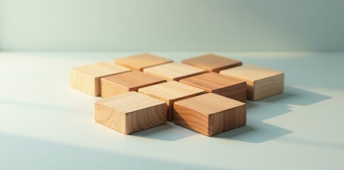 Obraz premium Wooden blocks arranged in a geometric pattern, casting soft shadows on a light surface, symbolizing unity, stability, and potential for growth.