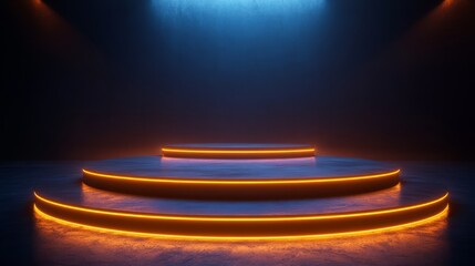 Circular podium with glowing concentric rings beneath it 