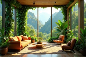 Fototapeta premium Serene Mountain View Living Room with Lush Indoor Plants and Comfortable Seating