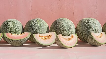 Whole and sliced cantaloupe in a minimalistic composition soft shadows high clarity fresh appeal