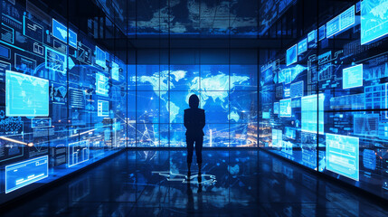 Silhouetted figure standing before massive digital world map display surrounded by holographic data panels and analytics screens. Futuristic command center with glowing blue interfaces 