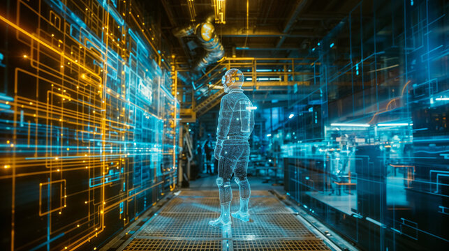 Futuristic digital hologram of a human figure standing in a high-tech environment. Blue and orange light projections create an immersive virtual reality space suggesting advanced technology