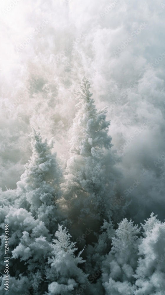 Poster towering evergreens blanketed in frost stand proudly as soft winter clouds envelop their base, creat