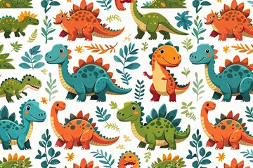 Charming Dinosaur Motif with Adorable Prehistoric Creatures in a Fun and Playful Design