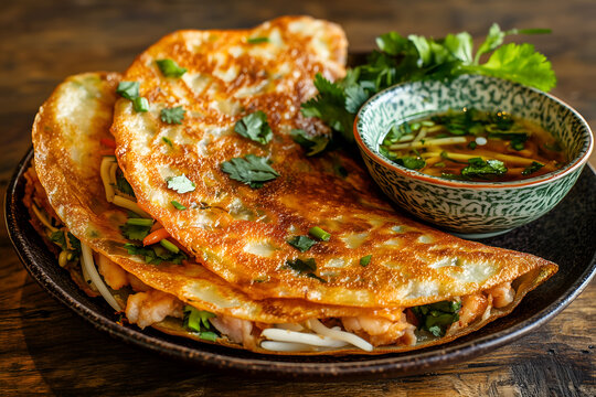Springtime Vietnamese banh xeo with fresh herbs and dipping sauce