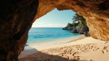 Fototapeta premium Serene beach escape tropical cove landscape photography coastal paradise wide angle tranquil seascape