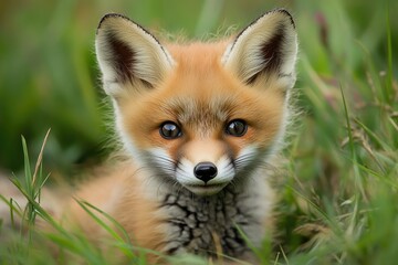 Naklejka premium Adorable Baby Red Fox Playing in Lush Grassy Meadow