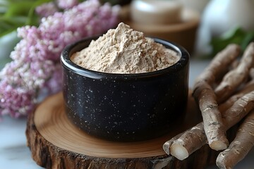 Fototapeta premium Natural Herbal Powder in Ceramic Bowl for Holistic Health and Wellness
