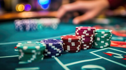 Fototapeta premium Casino Black Jack Shuffle: A Dynamic Scene of Gaming, Chips, and Bets at the Table