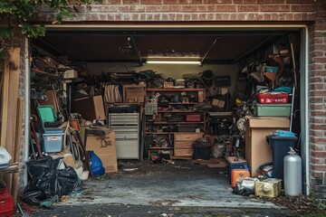 Obraz premium Chaotic Junk Garage Full of Cluttered Storage and Untidy Stuff in a Home Environment