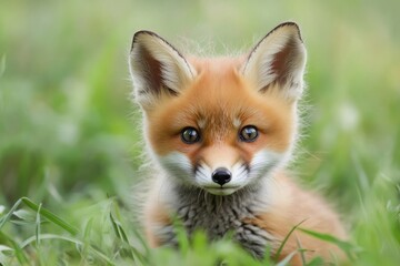 Fototapeta premium Charming Baby Red Fox Playfully Nestled in Lush Green Grass of its Natural Habitat