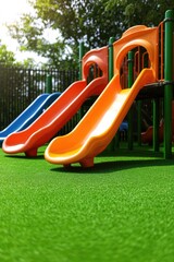 Colorful playground slides on lush green turf invite playful adv
