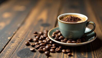 Fototapeta premium Small espresso cup filled with coffee beans on worn wooden table, wood, vintage, rustic