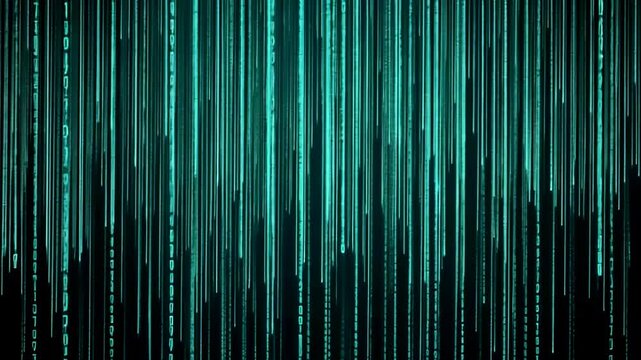 Animated Falling Turquoise Binary Code Streams on Dark Background, Digital Rain