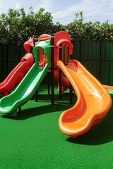 Colorful playground features vibrant slides, inviting children t
