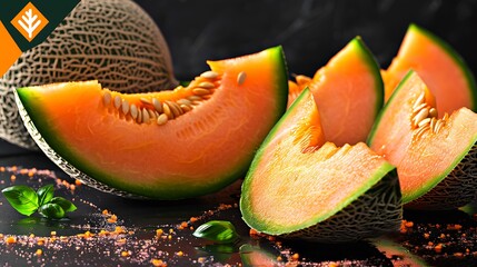 Whole cantaloupe and evenly cut slices beautifully arranged isolated on white fresh and delicious